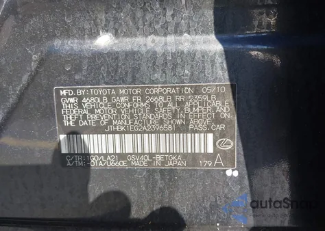 2010 Lexus Es 350 from USA, damaged, VIN JTHBK1EG2A2396581